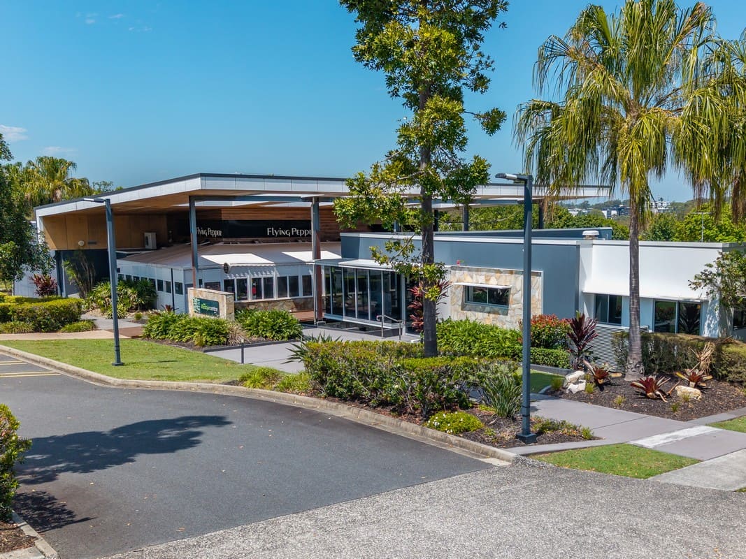 Aerial view of a well-maintained commercial lifestyle centre landscape