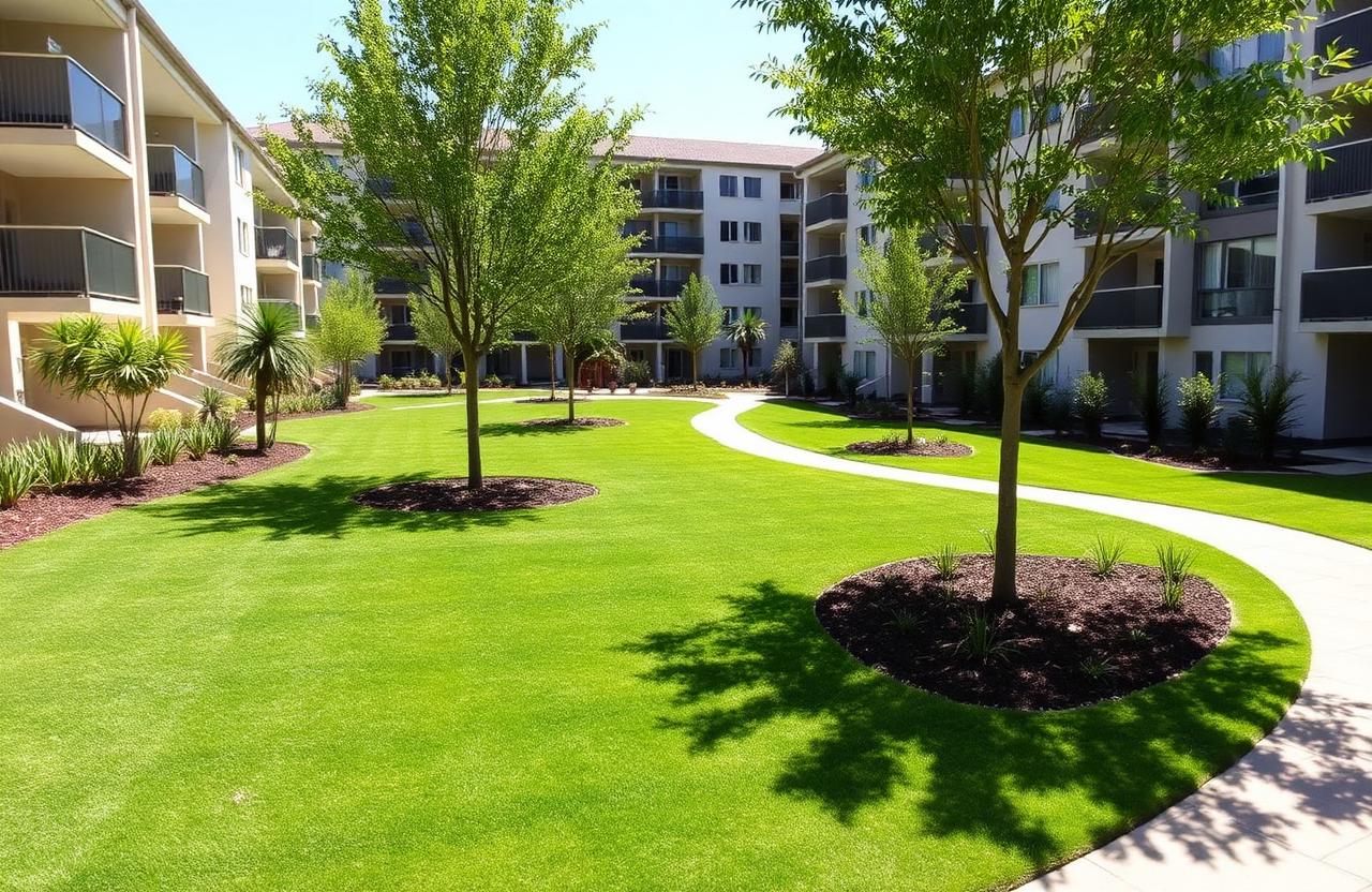 Newly constructed strata community common area with manicured lawn, feature trees and courtyard paving