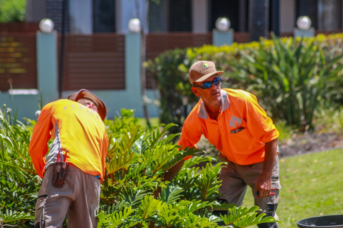Crew performing detailed garden maintenance at residential complex