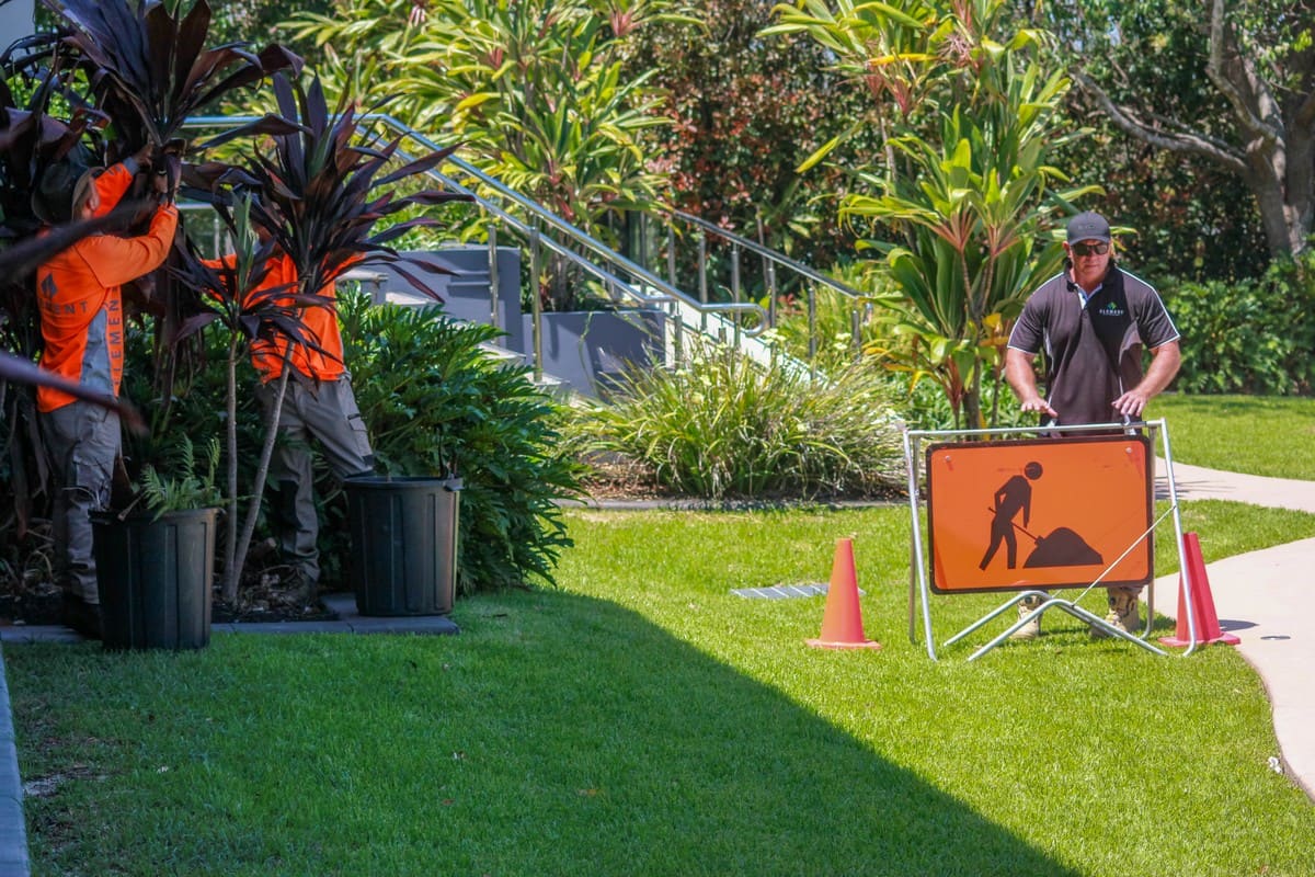Element Queensland crew setting safety signage for an on-site infrastructure audit