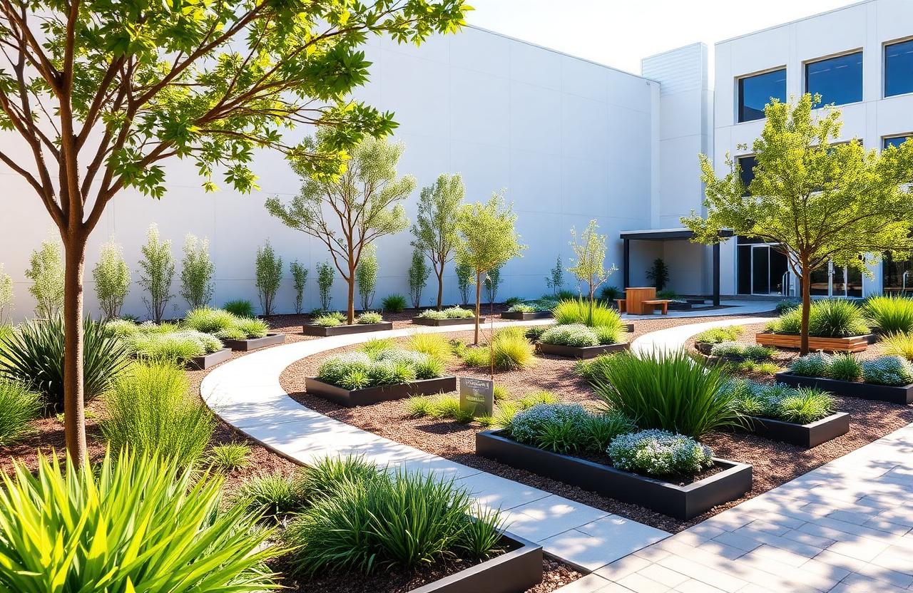 Newly constructed hospital healing garden with accessible paved pathways, raised beds and calming greenery