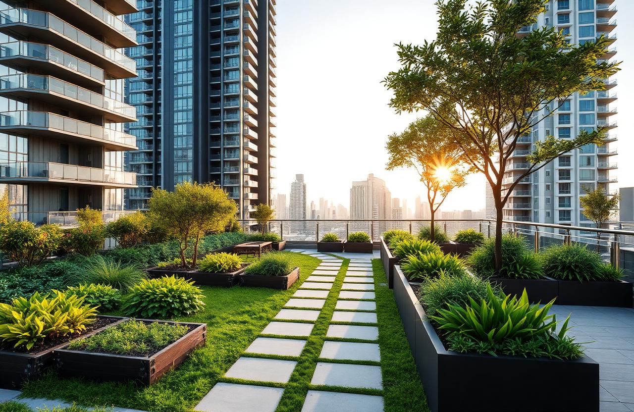 Constructed high-rise podium rooftop garden with raised planters, paving and feature trees