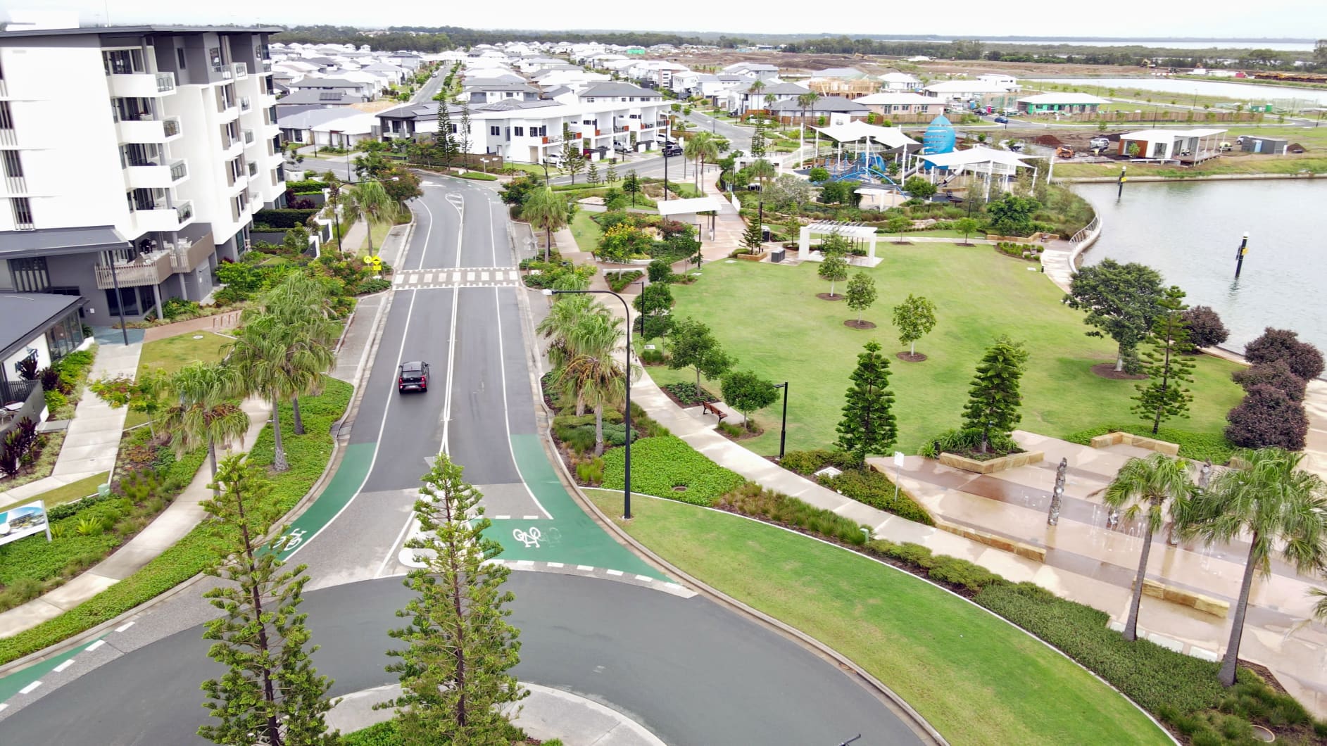 Aerial view of Newport boulevard and cycleway landscaping