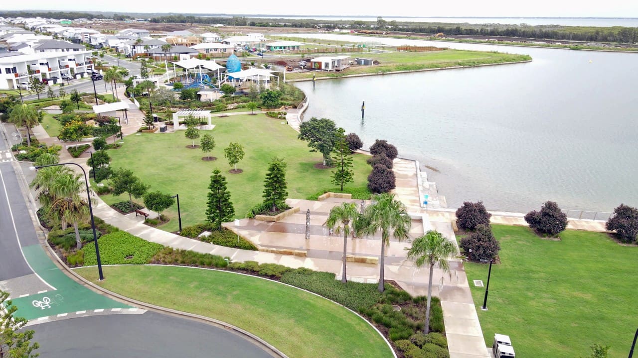 Aerial view of Newport waterfront landscaping maintained by Element Queensland in Brisbane