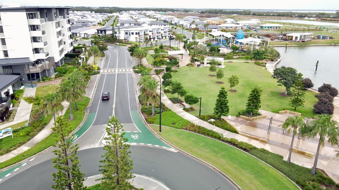 Aerial view of Newport boulevard streetscape and cycleway