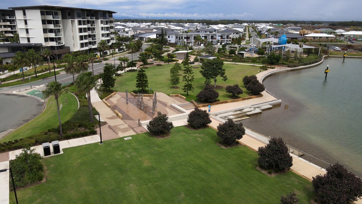 Aerial view of Newport waterfront park and fountain area