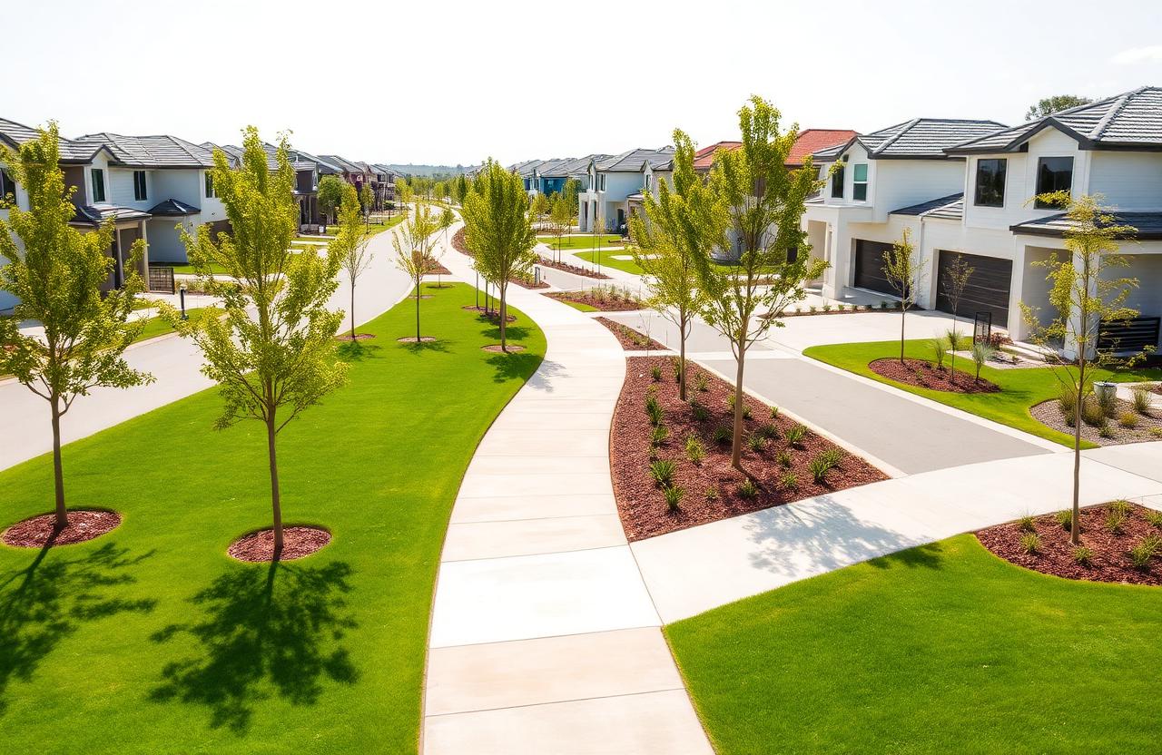 Newly constructed residential estate streetscape with turf, young street trees and paved footpaths