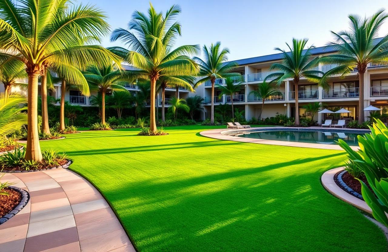 Newly constructed resort poolside landscape with palms, manicured turf and sandstone paving