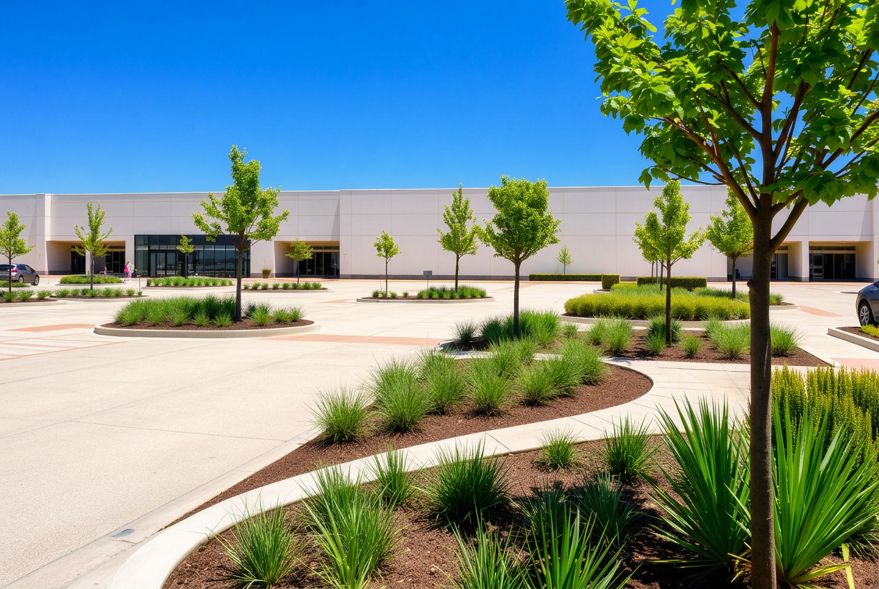 Newly constructed shopping centre carpark landscape with garden beds, ornamental grasses and feature trees